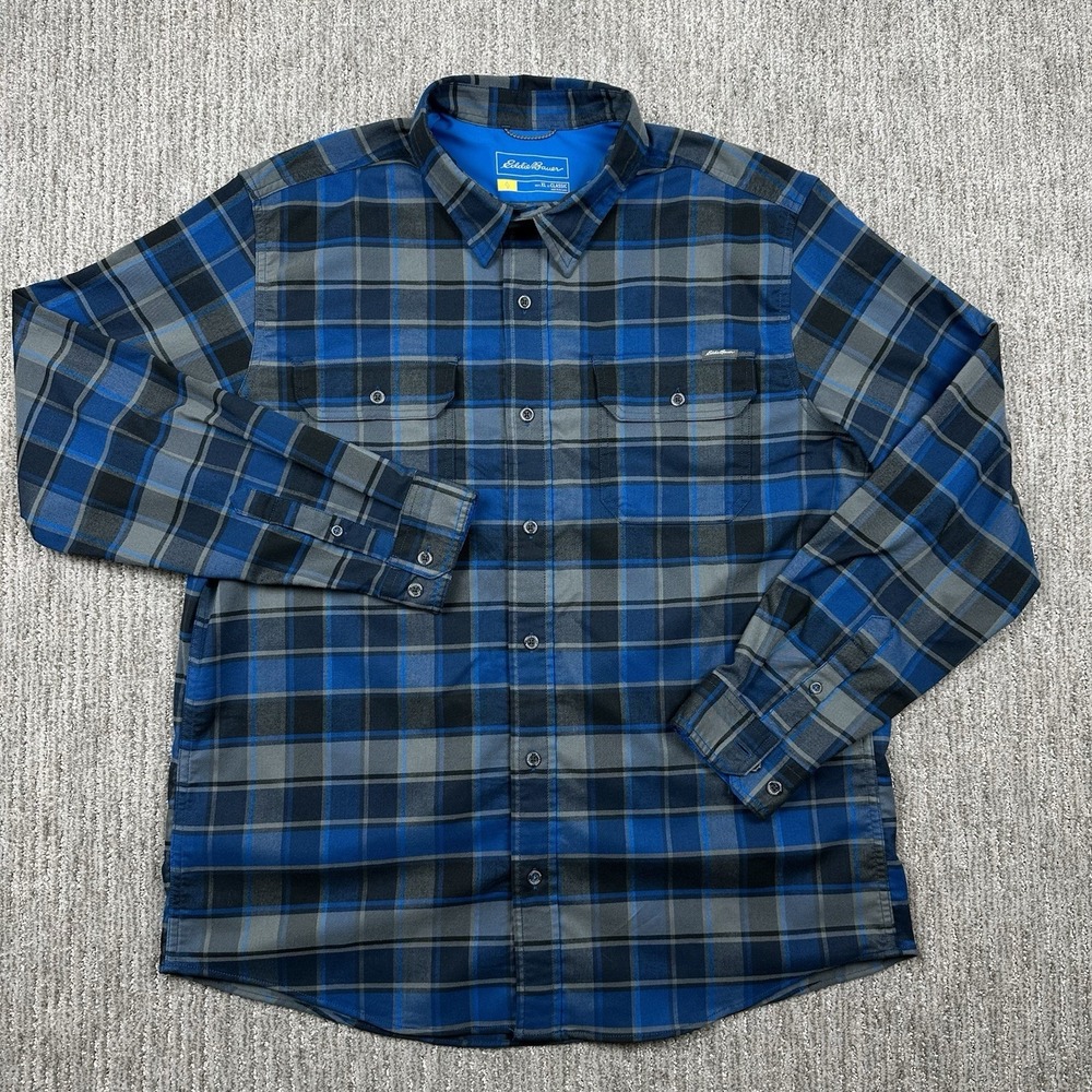 Eddie Bauer Shirt Men's XL Plaid Flannel Blue Button Pockets Polyester Outdoors